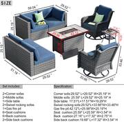 Iris Gray 8-Piece Wicker Outerdoor Patio Rectangular Fire Pit Set with Denim Blue Cushions and Swivel Rocking Chairs