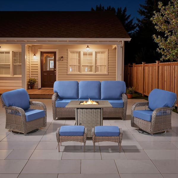 Tyber 6-Piece Brown Wicker Outdoor Fire Pit Patio Conversation Sofa Sets with Swivel Glider Chairs with Blue Cushions