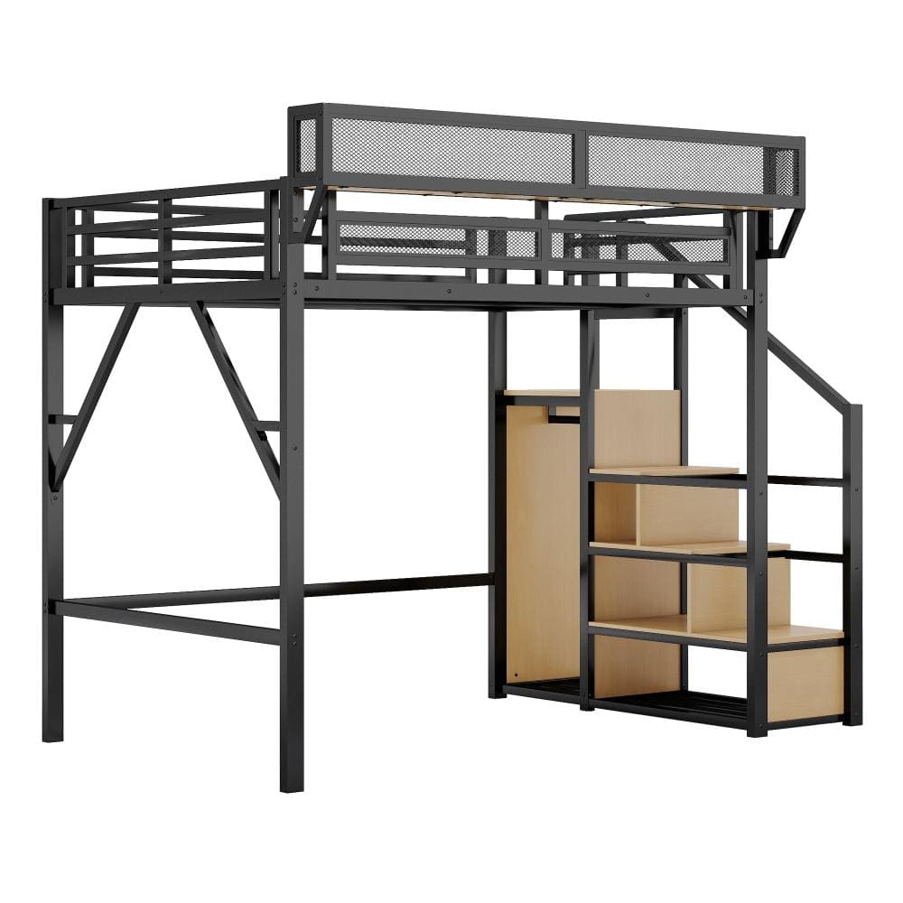 Black Full Metal Loft Bed with Stairs, Storage Shelves, and Wardrobe for Kids Teens durable construction price history on PriceWatchPro
