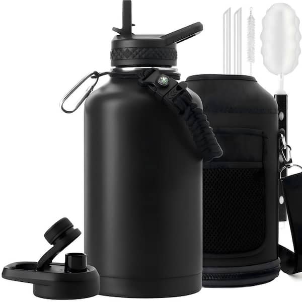 64 oz. Insulated Stainless Steel Water Bottle, Portable Sports Half Gallon Bottle, Carrier Bag and Handle Strap, Black