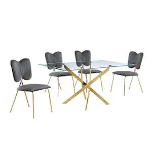 Olly 5-Piece Tempered Glass Top Gold Cross Legs Base Dining Set Dark Gray Velvet Fabric Chairs Set Seats 4