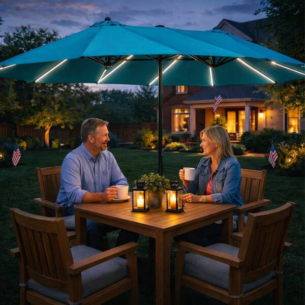 blue sunbrella umbrella for patio by garden oasis Kozyard 15 ft. Rectangle Patio Blue Umbrella with Solar Lights Double-Sided Outdoor Aluminum Umbrella with Crank Handle and Base