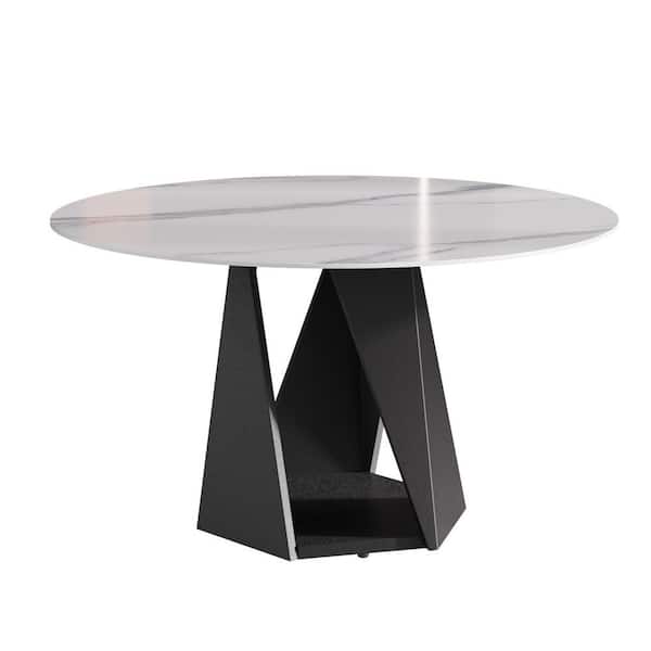 53.1 in. White Round Sintered Stone Tabletop Black Pedestal Base Kitchen Dining Table (Seats-6)