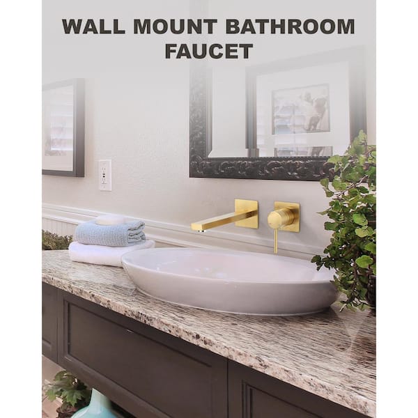 Brass Single Handle Wall Mounted Bathroom Faucet with 2 Aerators, Drip-Free Ceramic Valve and Flange in Gold