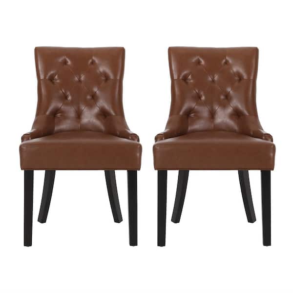 Noble House Will Cognac Brown Tufted Faux Leather Dining Chair (Set of 2)