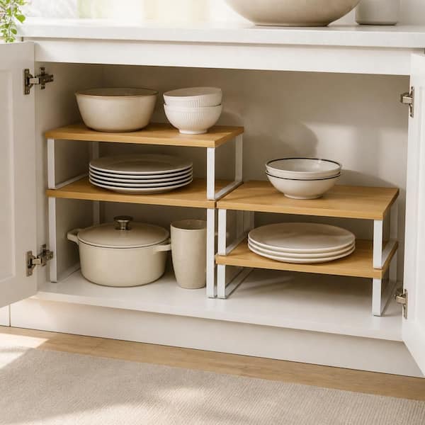 Light Brown Wood Wood 15.7 in. Large Cabinet Shelf Organizer, Set of 4 Stackable Kitchen Pantry Storage Shelves