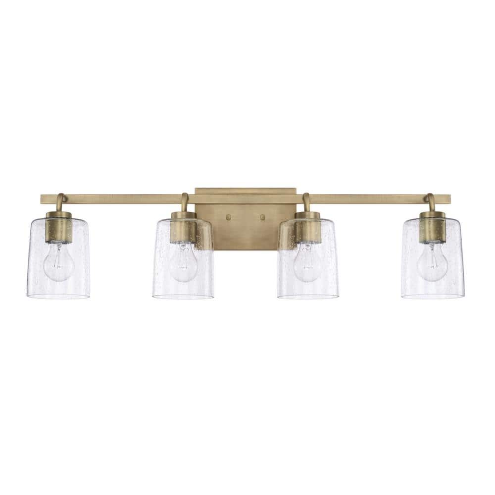 Aged Brass 4-Light Vanity with Clear Seeded Glass Shades