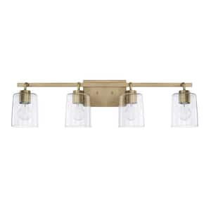 34.5 in. W x 9 in. H x 6 in. E 4-Light Clear Seeded Glass Vanity in Aged Brass