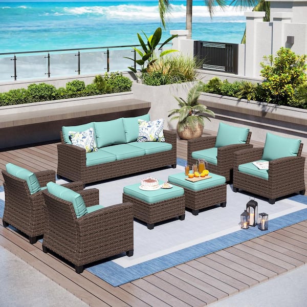 PHI VILLA Dark Brown Rattan Wicker 9 Seat 7-Piece Steel Outdoor Patio Conversation Set with Blue Cushions and 2 Ottomans