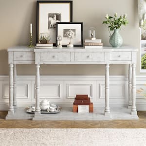 Retro Senior 63 in. Antique White Stepped Rectangle Wood Console Table with 4-Storage Drawers and Open Shelf