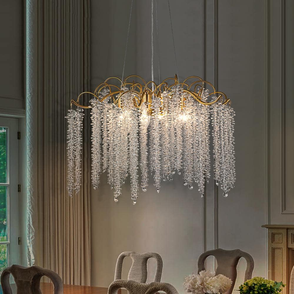 Theodora Modern Contemporary 6 Light Brass Chandelier with Hanging Crystal