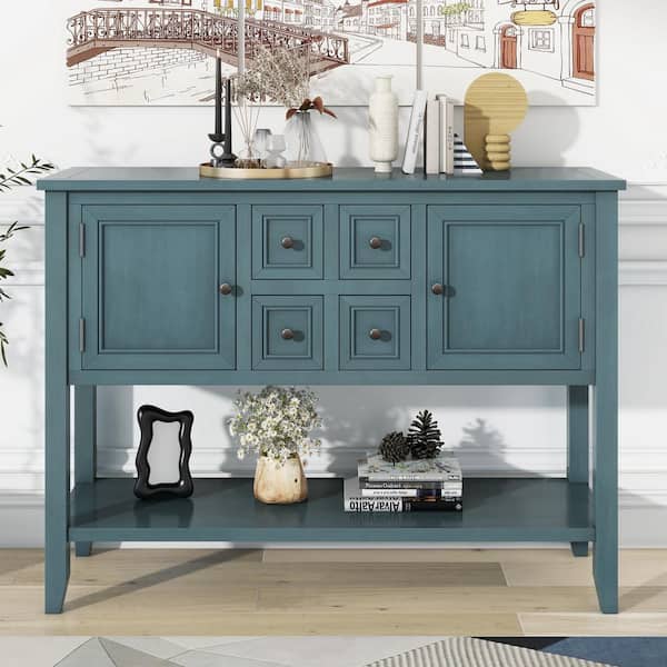 46 in. Dark Blue Rectangle Acacia Wood Console Table with 4-Drawer and 2-Cabinet