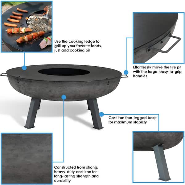 Round Cast Iron Wood Burning Fire Pit, Heavy Duty Fire Pit Grill