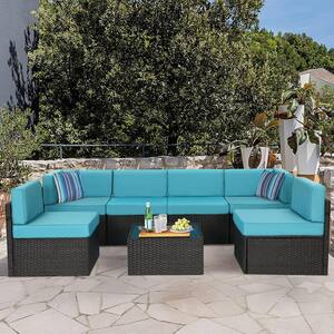 Black 7-Piece Patio Rattan Wicker Sofa Set Outdoor Sectional Conversation Furniture Chair Set w/ Blue Cushion