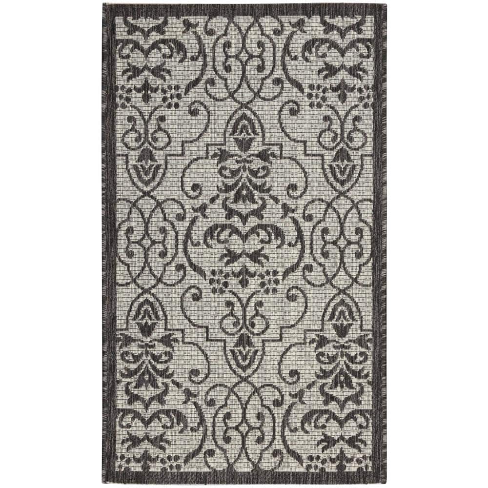 Ivory & Charcoal Round Synthetic Indoor/Outdoor Area Rug