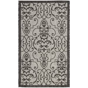 Garden Party Ivory/Charcoal 2 ft. x 4 ft. Bordered Transitional Indoor/Outdoor Patio Kitchen Area Rug