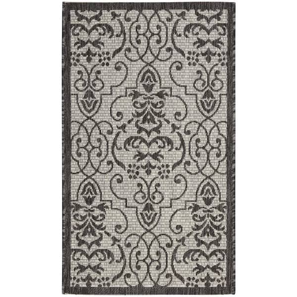 Nourison Garden Party Ivory doormat 2 ft. x 4 ft. Bordered Transitional Indoor/Outdoor Patio Kitchen Area Rug