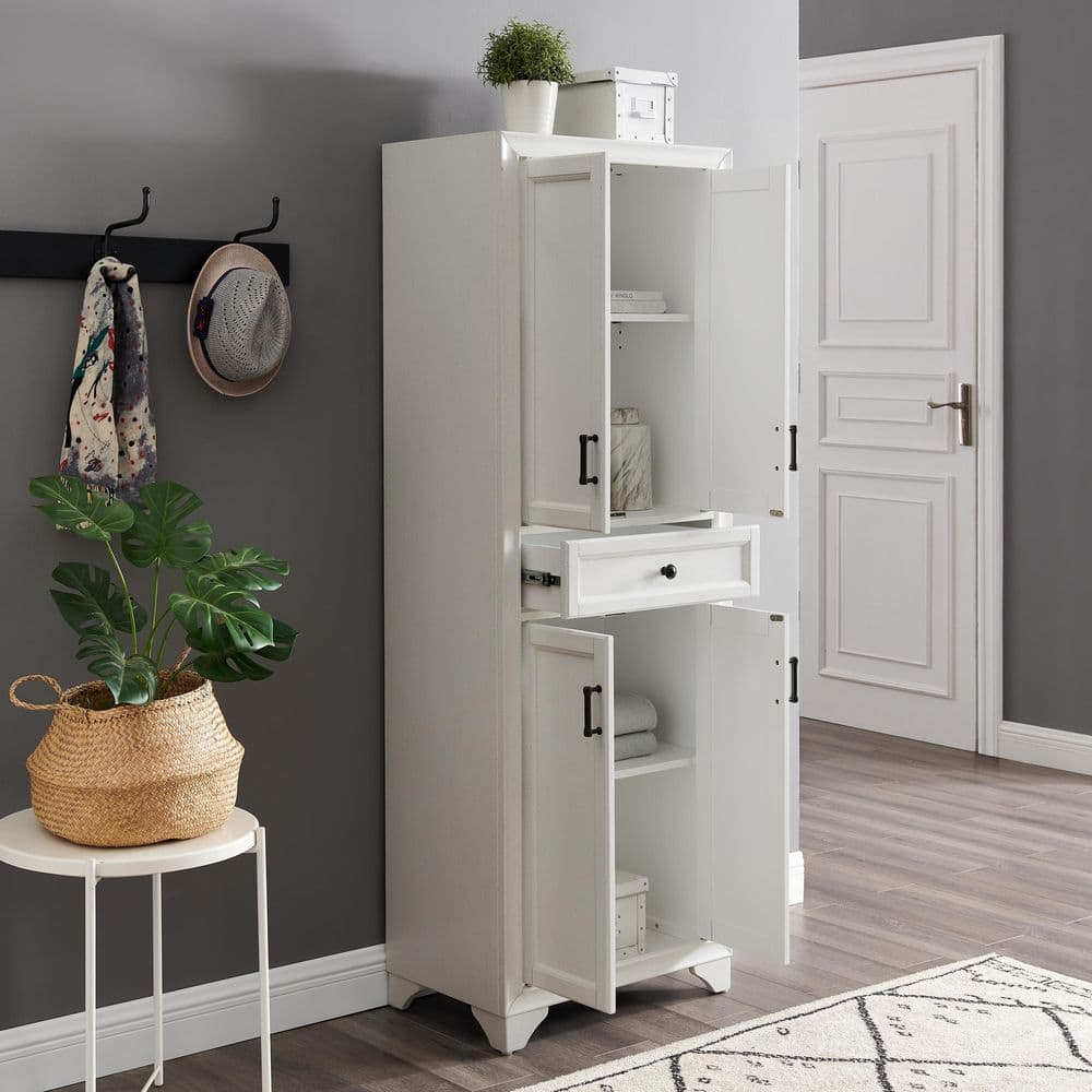 Distressed White Tall Kitchen Pantry with Adjustable Shelves