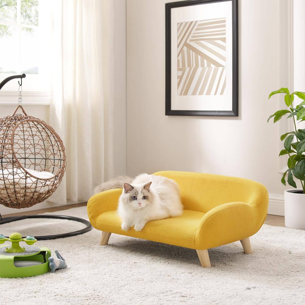 Akkeri Medium Yellow Fabric Pet Sofa with Wooden Legs