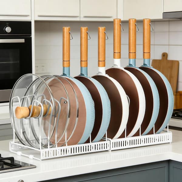 White Expandable Standing Pot Rack Organizer for Cabinet with 10 Adjustable Compartment for Cabinet, Cookware and Baking