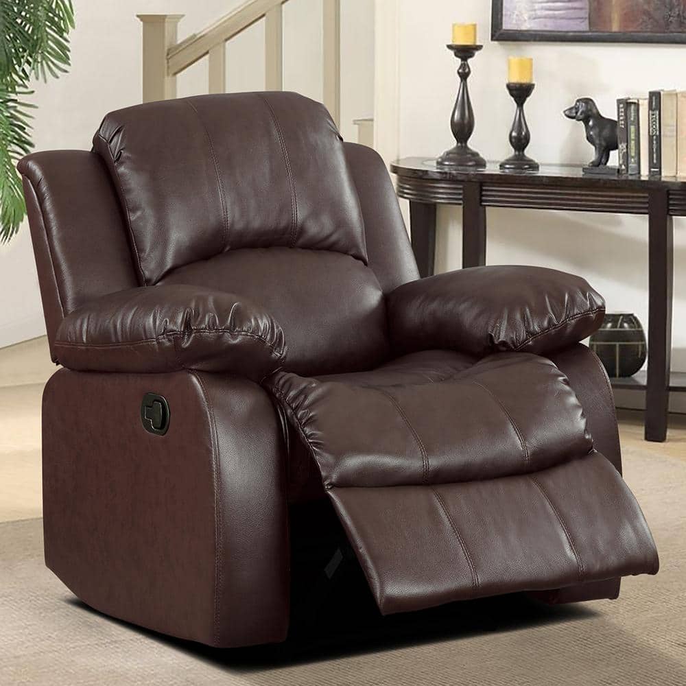 Contemporary Wood & Brown Leather Recliner Chair, 38"