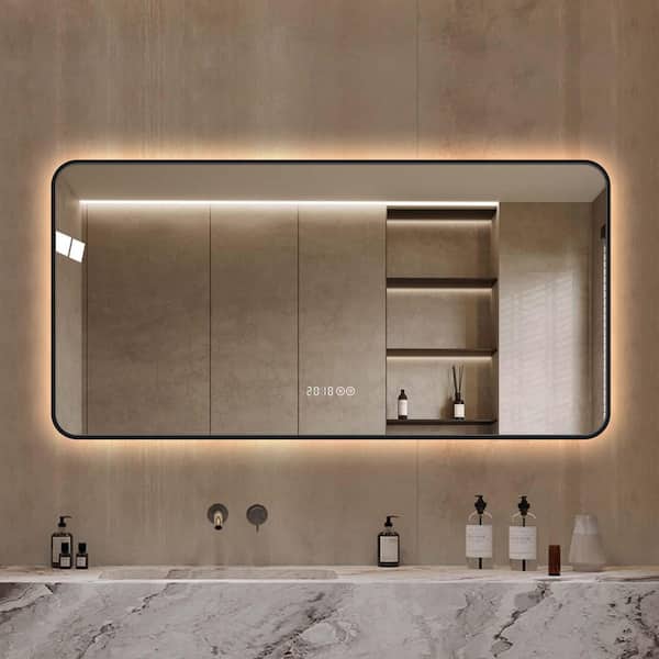 Black 48 in. W x 24 in. H frame wall mirror with rounded corners, Bathroom Wall Mirror, Lighted Vanity Mirrors, Anti-Fog
