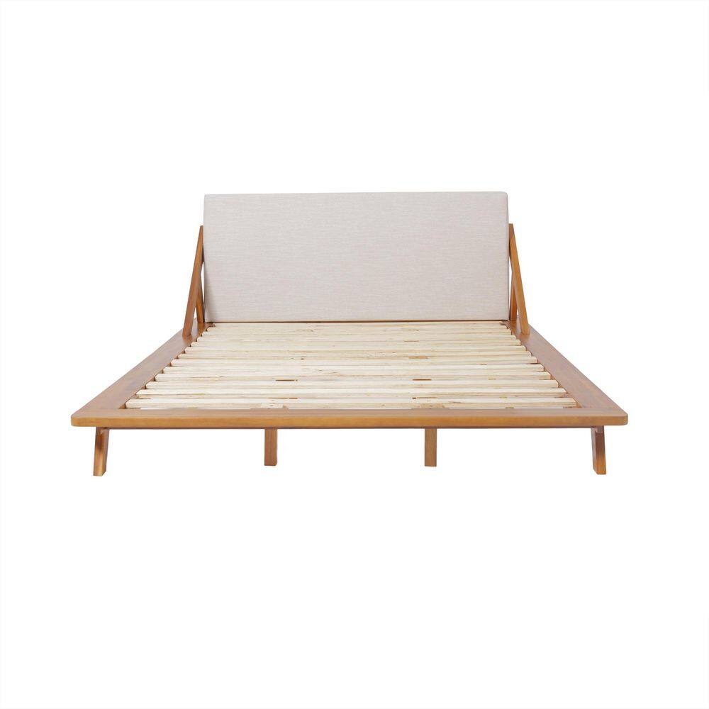 Zephyr Modern Beige Fabric Upholstered Acacia Wood Frame King Size Platform Bed, Natural Brown