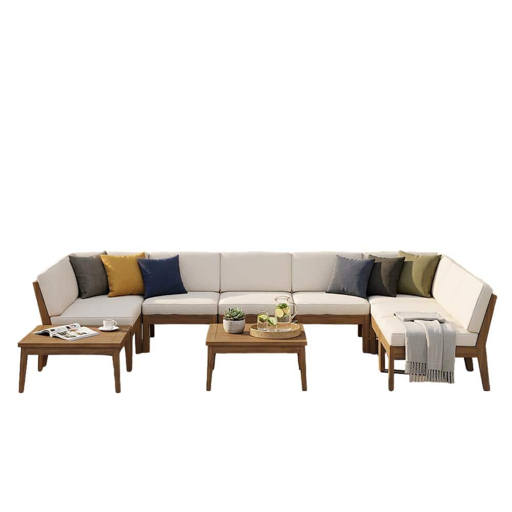 Teak 8 Seater Acacia Wood Sectional Sofa Set with Beige Cushion, Coffee Table price history on PriceWatchPro