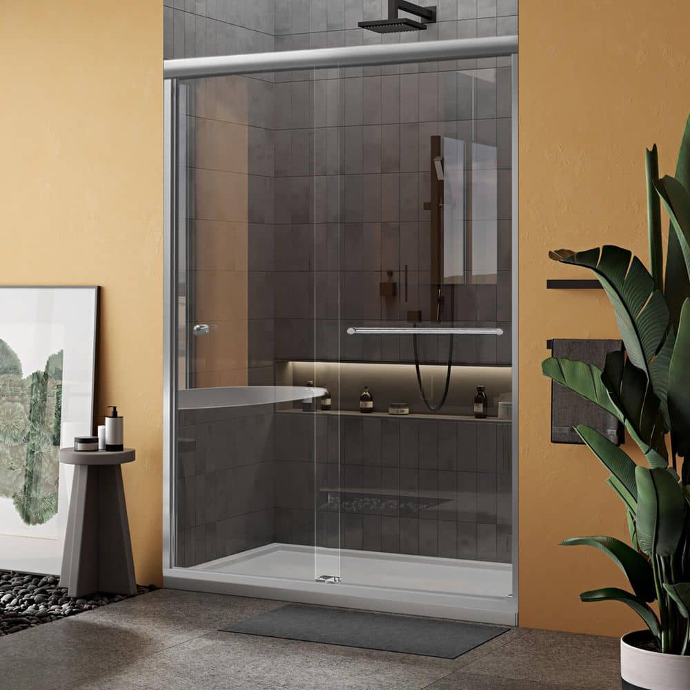 48" x 70" Chrome Semi-Frameless Sliding Shower Door with Clear Glass