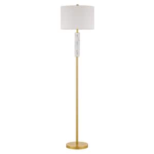 63.75 in. White Marble Antique Brass Standard Floor Lamp with White Linen Shade