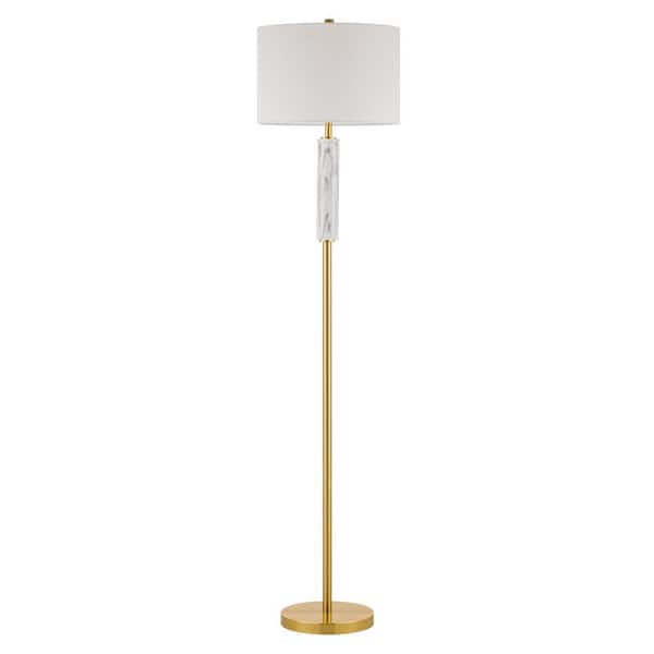 KAWOTI 63.75 in. White Marble Antique Brass Standard Floor Lamp with White Linen Shade
