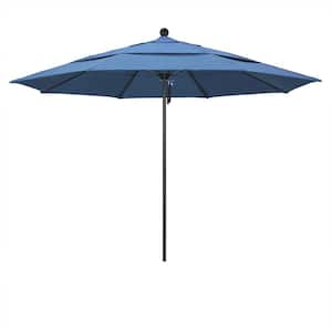 11 ft. Black Aluminum Commercial Market Patio Umbrella with Fiberglass Ribs and Pulley Lift in Frost Blue Olefin