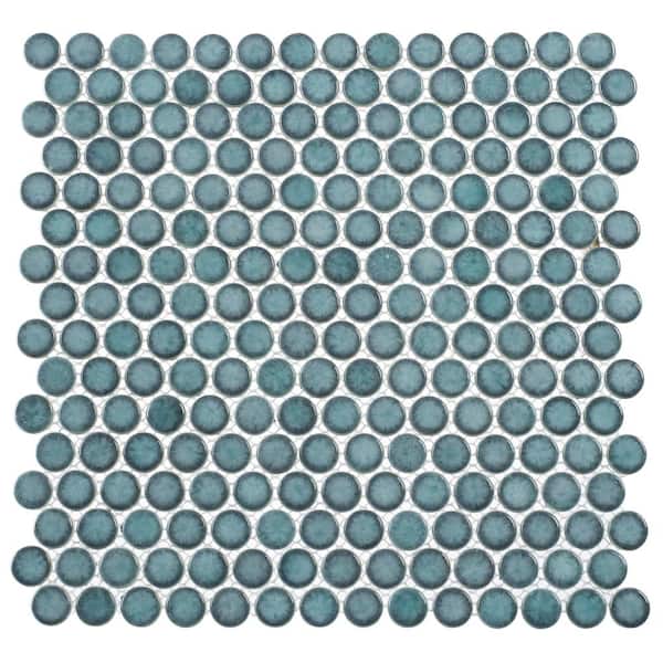 Honoro Bulbi Teal Dark Green Glossy 4.5 in. x 8.25 in. Penny Round Smooth Glass Mosaic Tile Sample
