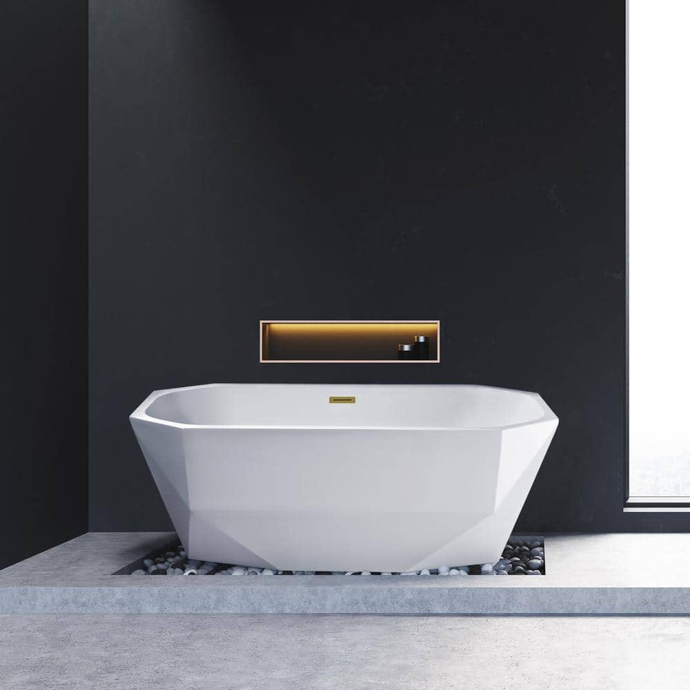 63" Glossy White Acrylic Freestanding Soaking Tub with Gold Trim