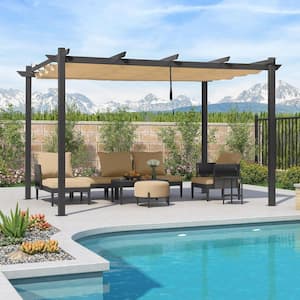 10 ft. x 13 ft. Gray Aluminum Frame Pergola with Beige Retractable Sun Shade Canopy and Extra Top Roof