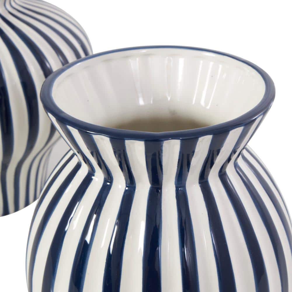 Blue and White Striped Ceramic Table Vase Set