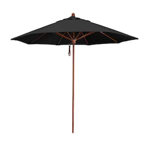 9 ft. Woodgrain Aluminum Commercial Market Patio Umbrella Fiberglass Ribs and Pulley Lift in Black Sunbrella