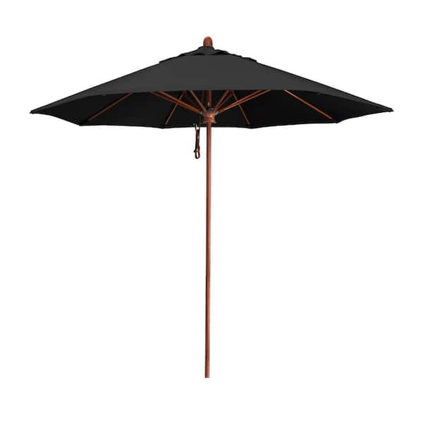 California Umbrella 9 ft. Woodgrain Aluminum Commercial Market Patio Umbrella Fiberglass Ribs and Pulley Lift in Black Sunbrella