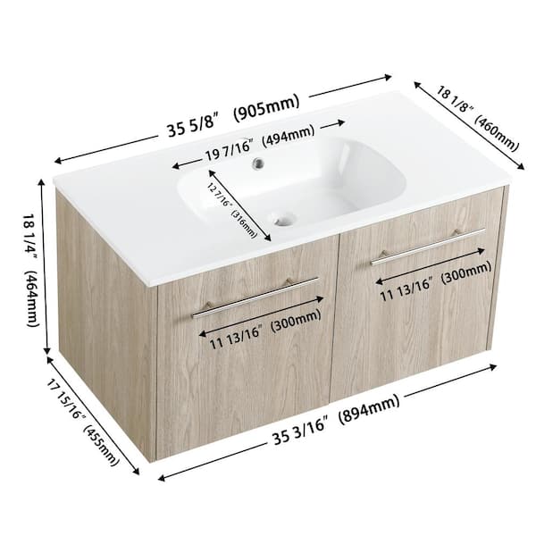 MODLAND Yunus 35 in. W x 18in. D x 18 in. H Wall Mounted Bath Vanity in White Oak with White Acrylic Top