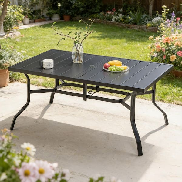 6 person patio table with umbrella hole Hardwood Picnic Set Rectangle Table 2 Built-in Benches & 2 lasting outdoor table. VIVIJASON Outdoor 61" Patio Dining