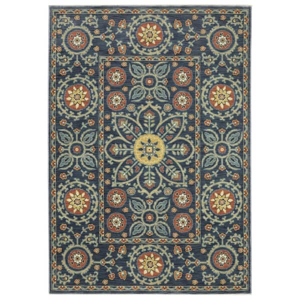 2' X 3' Blue And Rust Medallion Area Rug With Fringe