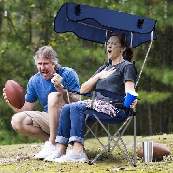 Navy Blue Metal Folding Beach Chair with Canopy Sun Protection Camping Lawn Canopy Chair