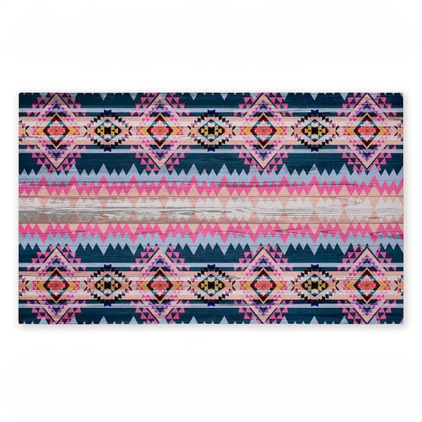 Boho Geometric Pink & Blue Blue 18 in. x 30 in. Polyester Non-Slip Outdoor Door Mat