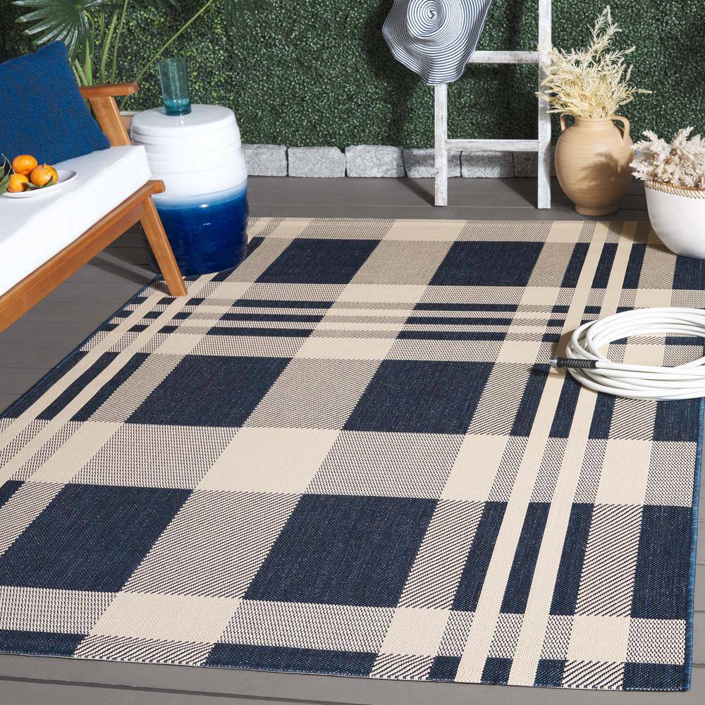 Navy and Beige Plaid Indoor/Outdoor Synthetic Area Rug