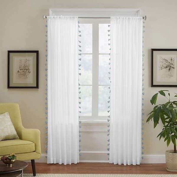 Bianca Semi-Sheer Window Curtain with Tassels, Blue - 52"W x 84"L