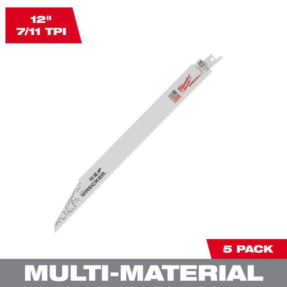 Milwaukee 12 in. 7/11 Teeth per in. Wrecker Demolition Multi-Material Cutting  Sawzall Reciprocating Saw Blades (5 Pack) 48-00-5711 The Home Depot