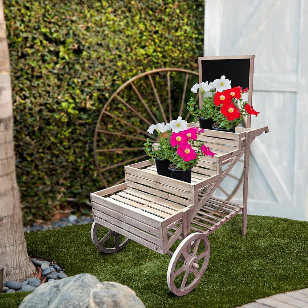 59" Tall Rustic Fir Wood Cart Plant Stand with Chalkboard