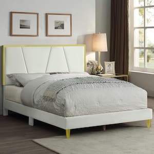 Chedda Beige Upholstered Wood Frame King Platform Bed With Gold Trim