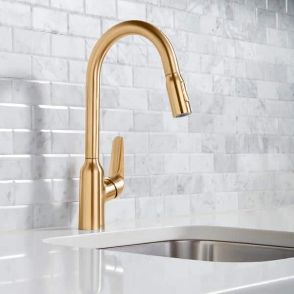 Elegant HighArc Brushed Gold Optic Kitchen Faucet with Pull-out Spray