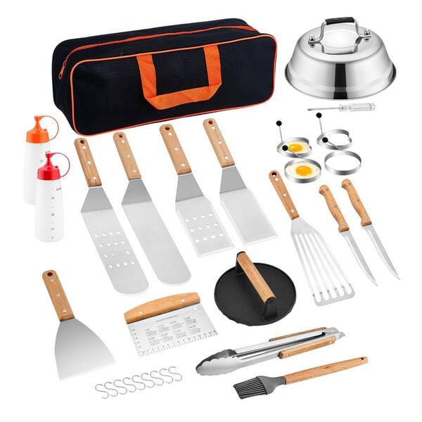 20-Piece Stainless Steel Matte Finish Griddle Accessories Set with Wooden Handles and Flat Top Grill Compatibility